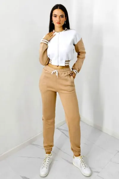 Trening bumbac vatuit College, bluza scurta cu fermoar si pantaloni, Crem
