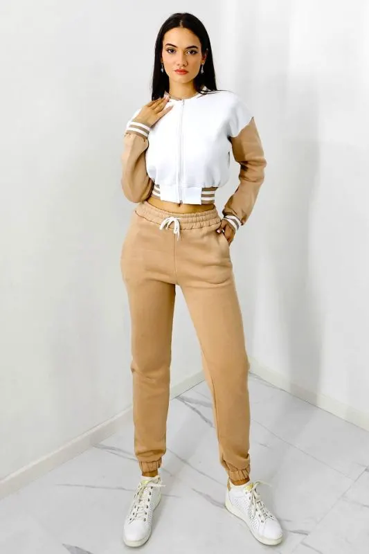 Trening bumbac vatuit College, bluza scurta cu fermoar si pantaloni, Crem