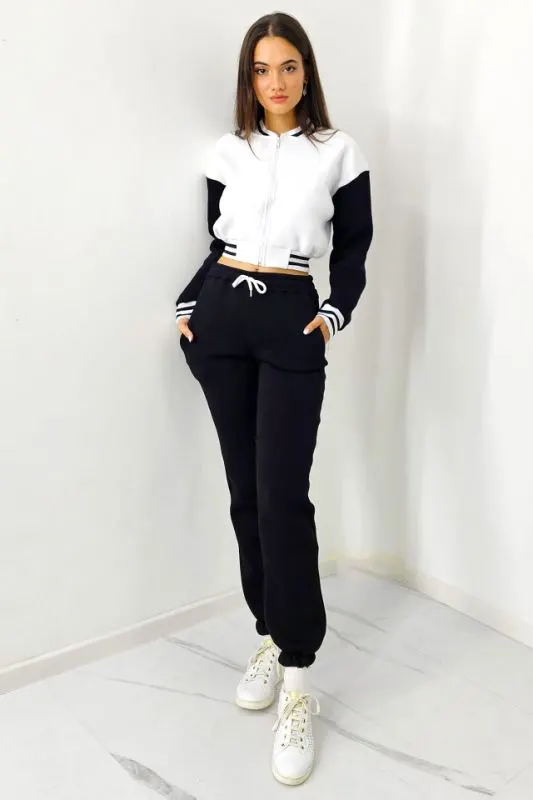Trening bumbac vatuit College, bluza scurta cu fermoar si pantaloni, Negru