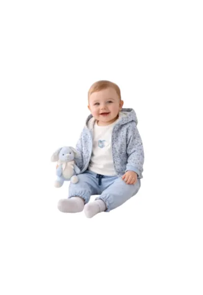 Trening Fetite iDO 3 Piese din Bumbac Hanorac Bomber cu Gluga Tricou si Pantaloni Albastru Alb