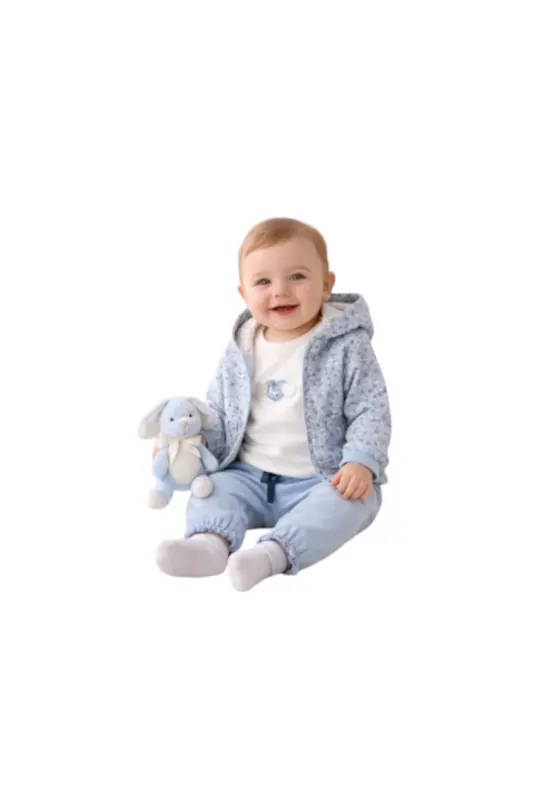 Trening Fetite iDO 3 Piese din Bumbac Hanorac Bomber cu Gluga Tricou si Pantaloni Albastru Alb