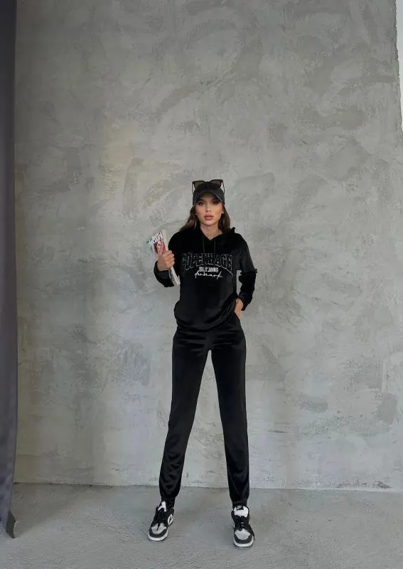 Trening pentru femei, din catifea, cu model brodat, Negru