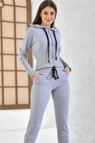 Trening Yuki, cu pantaloni si bluza accesorizate cu fermoare, Gri