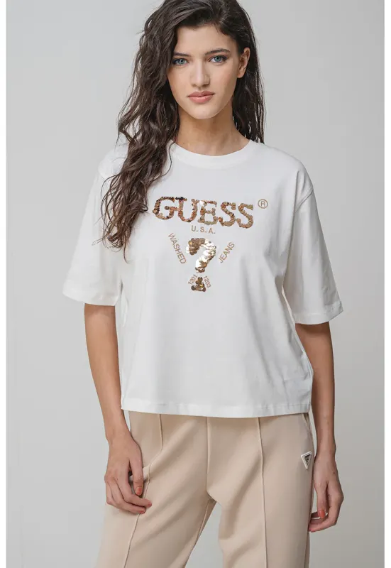 Tricou din bumbac cu paiete pentru antrenament - Auriu/Alb fildes