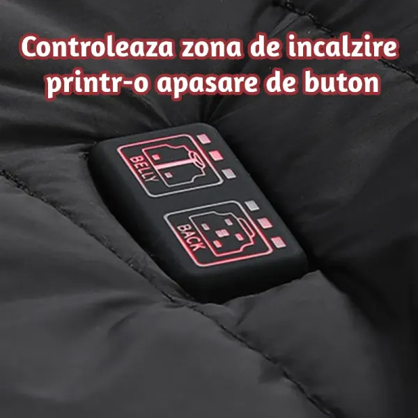 Vesta incalzita fata si spate SELECTIV, cipsir, cu fir usb, incalzeste 11 zone ale corpului, culoare neagra, marime XL